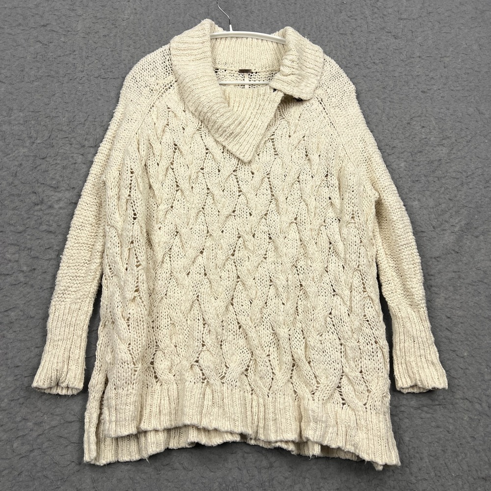 Free People Sweater Women's XS Ivory Cotton Cable Knit Side Slit Cowl Pullover‎